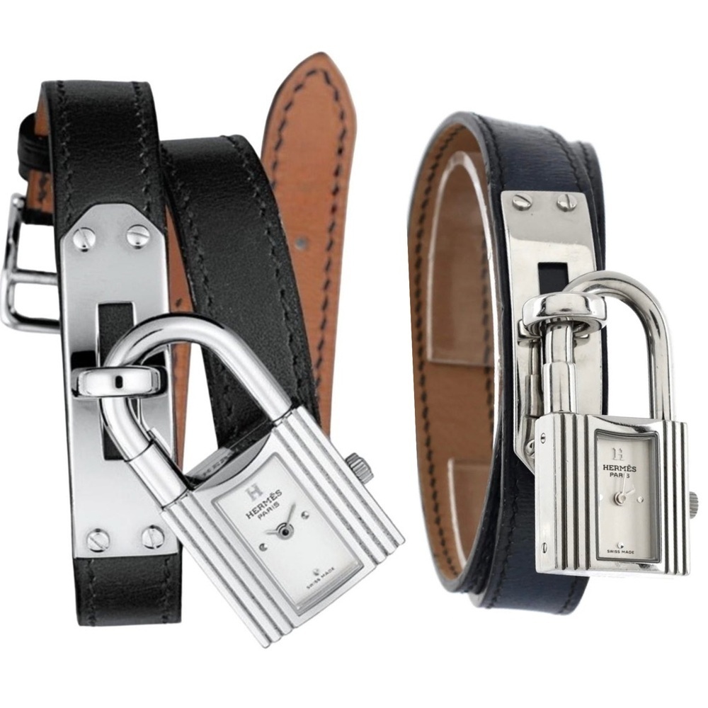 HERMÈS Kelly double tour PM 20 mm Hermès Black Leather Steel watch 3269061 NEW